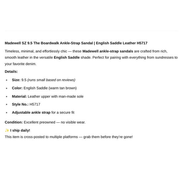 Madewell SZ 9.5 The Boardwalk Ankle-Strap Sandal in English Saddle Runs Small - Picture 7 of 7